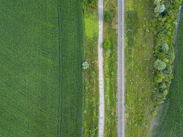 Σιδηρόδρομος μέσα από ένα πράσινο χωράφι καλαμποκιού στην Ουκρανία. Αεροφωτογραφία τηλεκατευθυνόμενου. - Φωτογραφία, εικόνα