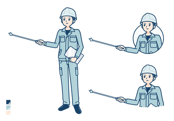 A Man wearing workwear with Explanation with a pointing stick image - Vektor, kép