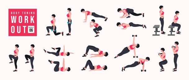 Body Toning Workout Set. Vrouwen die fitness en yoga oefeningen doen. Lunges, Pushups, Squats, Dumbbell rijen, Burpees, Side planks, Situps, Glute brug, Leg Raise, Russische Twist, Side Crunch .etc - Vector, afbeelding