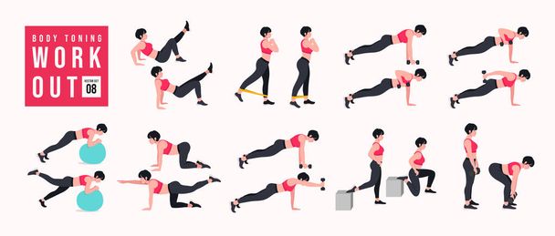 Body Toning Workout Set vorhanden. Frauen, die Fitness- und Yoga-Übungen machen. Lunges, Liegestütze, Kniebeugen, Hantelreihen, Burpees, Seitenplanken, Situps, Glute Bridge, Leg Raise, Russian Twist, Side Crunch usw. - Vektor, Bild