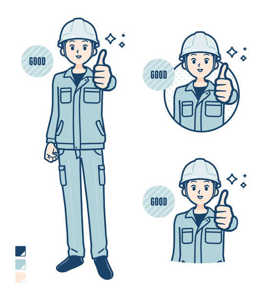 A Man wearing workwear with Thumbs up images - ベクター画像