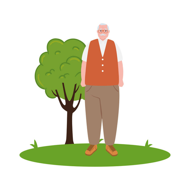 roztomilý starý muž venku, děda v trávě na bílém pozadí - Vektor, obrázek