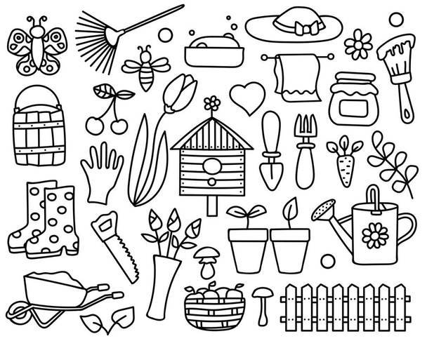  vector illustration of garden tools. for web, graphics and design.hand drawn and line of agriculture elements.doodle farm equipment.isolated on white background. - Vektor, obrázek