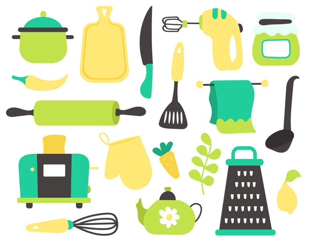 Vector collection of a bright hand drawn kitchenware such as rolling pin,toaster,pan,grater,knife,teapot,cutting board,mixer,jar.Set cuisine tools, cookware and accessory.Isolated on white background. - Vektori, kuva