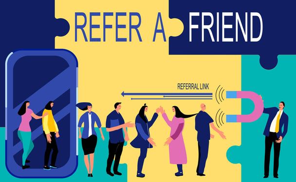 Refer a friend loyalty program, promotion method. Group of people going out of smartphone. Manager attracts buyers with a huge magnet. Social media marketing strategy. Puzzles around.Web design vector - Vector, Image