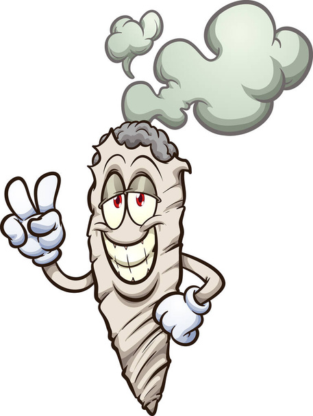 Cigarro de marijuana dos desenhos animados a fazer o sinal de paz. Vector clip ilustração de arte com gradientes simples. Cigarro e fumaça em camadas separadas
. - Vetor, Imagem