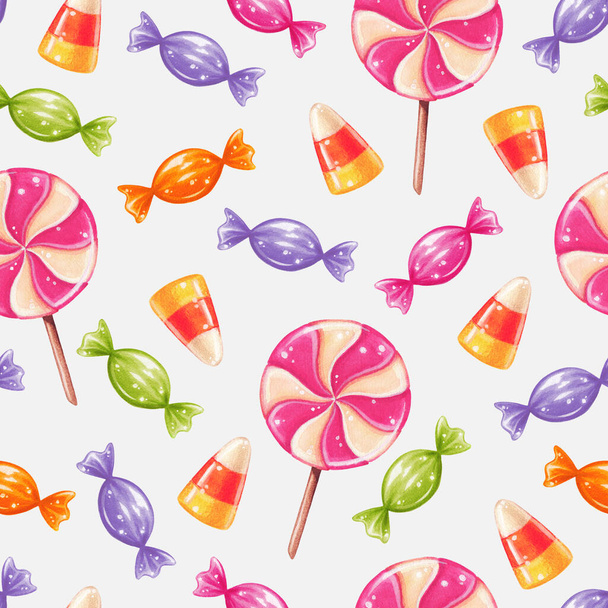 ハロウィンパーティーお菓子シームレスパターン。キャンディーコーン、ロリポップ、ボンボン - 写真・画像