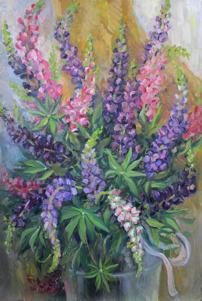 Bouquet of lupins, colorful summer still life, oil painting - Photo, Image