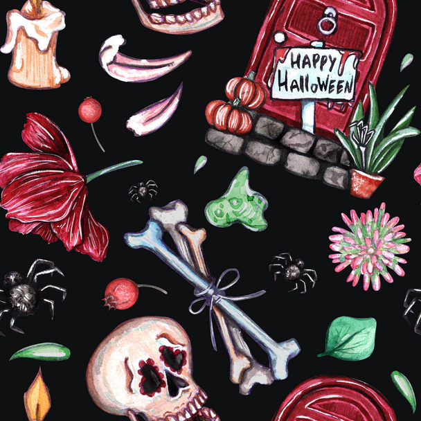 Watercolor seamless pattern on Halloween theme.Great design with skulls, bones, pumpkin ghosts, snakes, spiders, potion, candies, bats. Has elements of Day of the Dead - Da de los Muertos celebration - Photo, Image