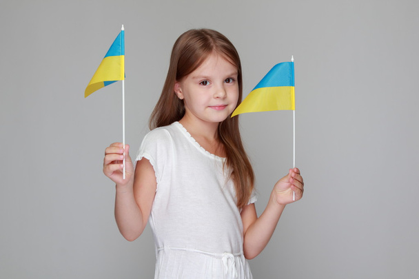 Little girl holding Ukrainian flags - 写真・画像