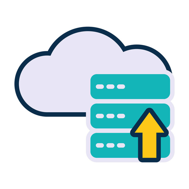 cloud and data servers with upload arrow icon, line and fill style - Vector, Image