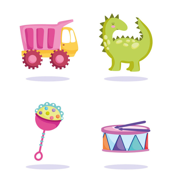 παιχνίδια αντικείμενο για τα μικρά παιδιά να παίξουν καρτούν δεινόσαυρος φορτηγό κουδουνίστρα και τύμπανα - Διάνυσμα, εικόνα