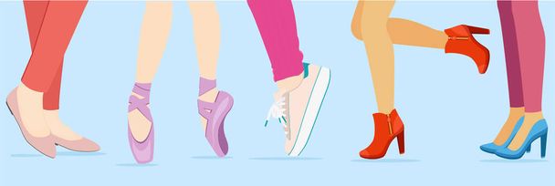 Női lábak színes cipőben Női lábak különböző cipőben Gyönyörű lábak cipővel Vektorral Hosszú, gyönyörű női lábak, fehér alapon elszigetelve, kérjük, nézze meg néhány más testrészemet - Vektor, kép