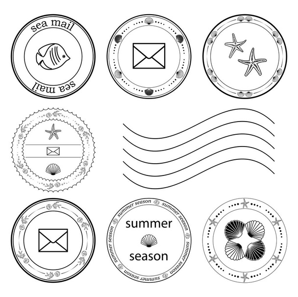 морские почтовые марки с рыбой и раковинами и морской звездой - набор векторов - Вектор,изображение