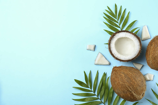 Top view shot of coconuts, whole and cracked on halves on paper textured background with a lot of copy space for text. Background with raw fruit of tropical palm. Flat lay. - Photo, image