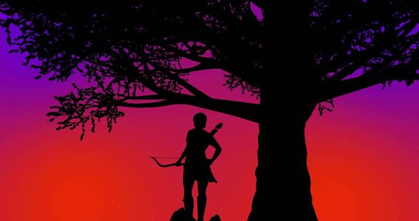 Belle guerrière debout sous un arbre pendant le coucher du soleil fond orange-violet - Photo, image