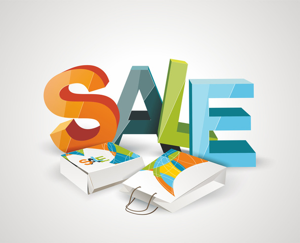 Sale Tag, Paper Bags and Box with 3d letters SALE. - Vector, imagen