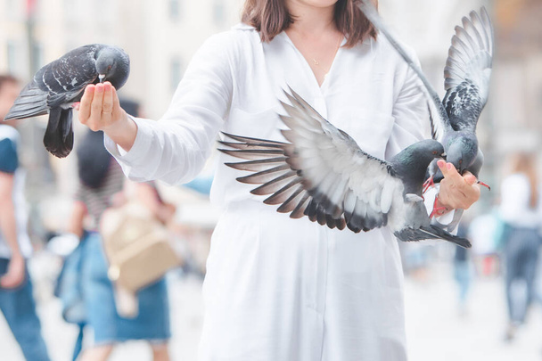 鹿の帽子をかぶった白い服を着た女性がヴィースシティ広場の鳩と遊ぶサンマルコ - 写真・画像
