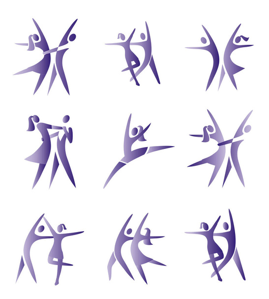 Couple ,ballroom dancing ,icons. Set of violet symbols.Isolated on white background. Vector available. - Vector, Image