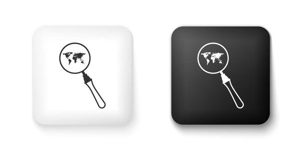 Loupe noire et blanche avec icône de carte du monde isolée sur fond blanc. Analyser le monde. Panneau de recherche global. Bouton carré. Vecteur - Vecteur, image