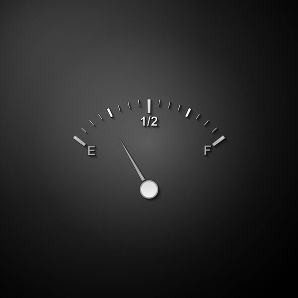 Silver Motor gas gauge pictogram geïsoleerd op zwarte achtergrond. Lege brandstofmeter. Volledige tankindicatie. Lange schaduw stijl. Vector - Vector, afbeelding
