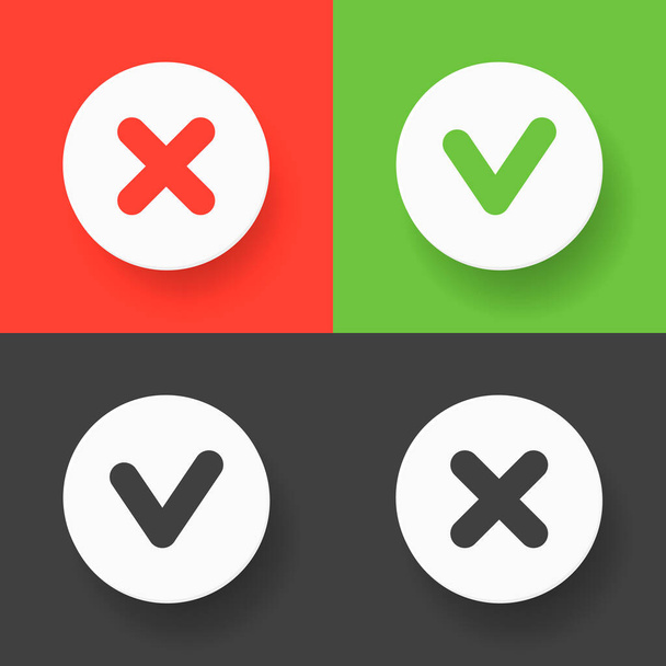 設定されたウェブボタン-緑のチェックマーク、赤のクロスとグレーのバリアント記号。ベクトルフラットイラスト. - ベクター画像