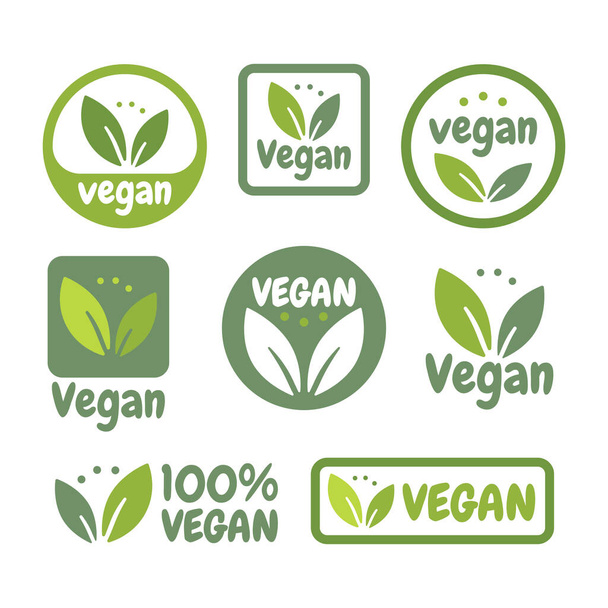 Conjunto de iconos veganos. Bio, Ecología, logos orgánicos e icono, etiqueta, etiqueta. Icono de hoja verde sobre fondo blanco. - Vector, Imagen