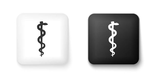 Черно-белый жезл асклепиевой змеи свернутый в силуэт иконки изолирован на белом фоне. Эмблема для аптеки или лекарства, символ змеи в аптеке. Кнопка квадратная Вектор - Вектор,изображение