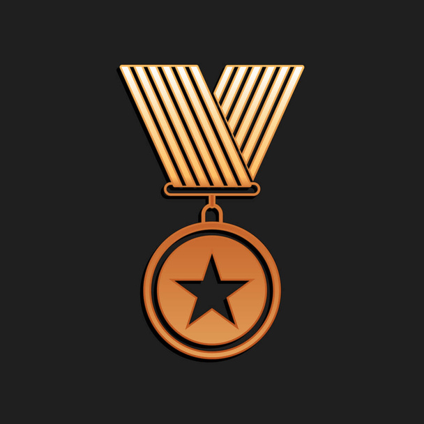 Siyah arkaplanda yıldız ikonu olan altın madalya. Kazanan başarı işareti. Ödül madalyası. Uzun gölge tarzı. Vektör - Vektör, Görsel