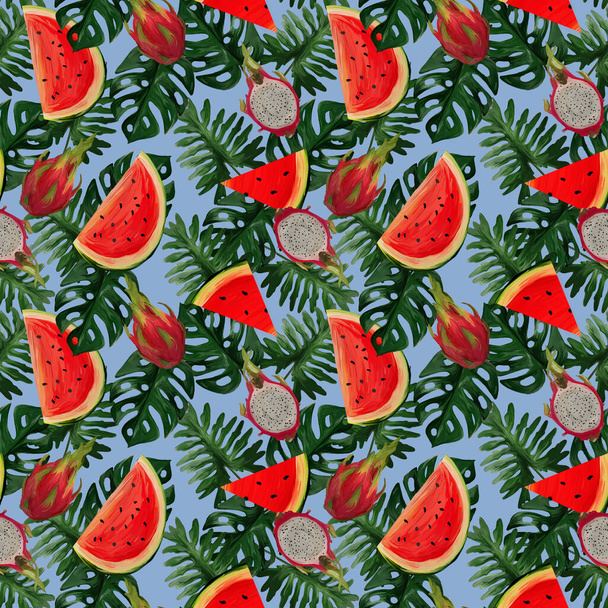 Modern seamless pattern with dragon fruit, watermelon, tropical leaves on blue background Summer vibes. Hand painted botanical illustration for textiles, packaging, fabrics. - Photo, Image