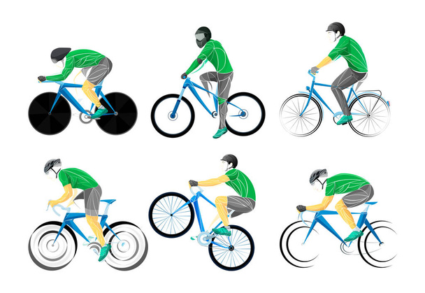Cycling tour, track, bicycle, geometric, cyclist stylized vector. A Young man is cycling a bicycle. Sports activity. - Vector, Image