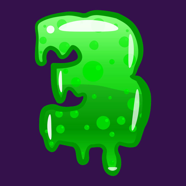 Slijmlettertype type 3 Latijnse alfabet. Groene borrelende giftige schimmel. Vector cartoon stijl illustratie - Vector, afbeelding