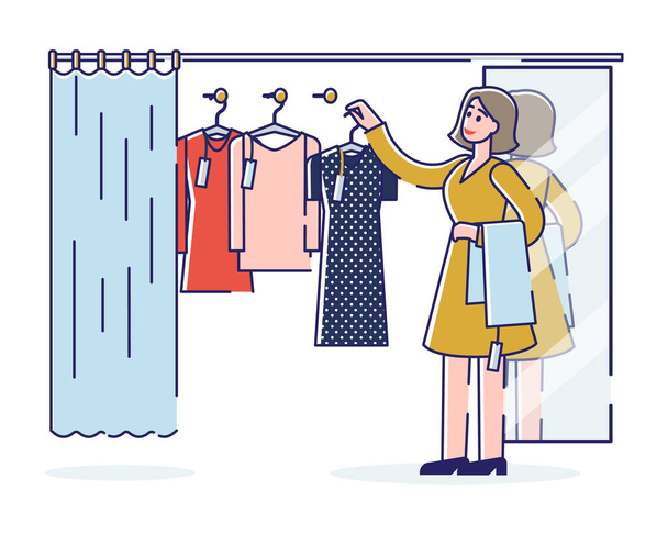 Woman on shopping choosing clothes on hangers for trying in dressing room - Vector, Image