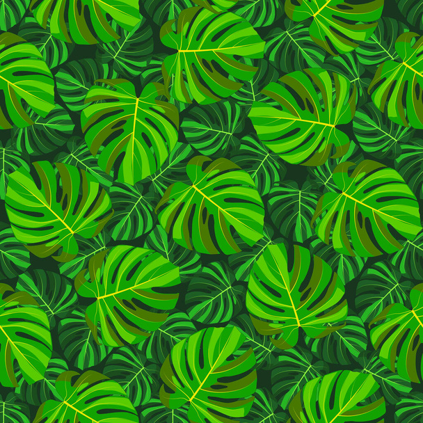 緑の熱帯の葉の怪物シームレスなパターン、濃い緑の背景。生地、織物、ギフト包装のデザイン、印刷材料、広告、または他のデザインを飾るための素晴らしい. - ベクター画像