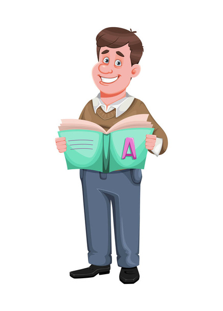 Zurück zur Schule. Fröhlicher Lehrer hält ABC-Buch in der Hand. Schöne Lehrer-Zeichentrickfigur. Vektor-Illustration isoliert auf weißem Hintergrund - Vektor, Bild
