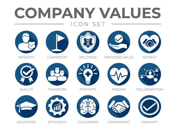 Unternehmenswerte Flaches rundes Icon Set. Integrität, Führung, Kühnheit, Wert, Respekt, Qualität, Teamwork, Positivität, Leidenschaft, Zusammenarbeit, Bildung, Effizienz, Cleverness, Engagement, Echtheitsikonen - Vektor, Bild