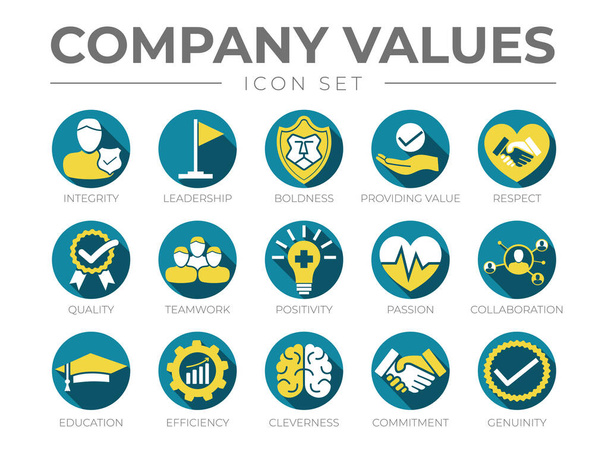 Empresa Valores Ronda Color Icon Set. Integridad, Liderazgo, audacia, valor, respeto, calidad, trabajo en equipo, positividad, pasión, colaboración, educación, eficiencia, inteligencia, compromiso, iconos genuinos
 - Vector, imagen