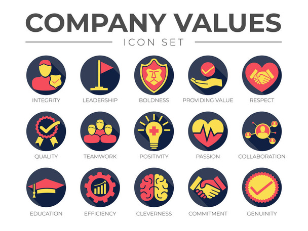 Hodnoty obchodní společnosti kulaté barevné sady ikon. Integrita, Vedení, Odvaha, Hodnota, Respekt, Kvalita, Týmová práce, Pozitivita, Vášeň, Spolupráce, Vzdělávání, Efektivita, Inteligentnost, Závazek, Skutečné ikony. - Vektor, obrázek