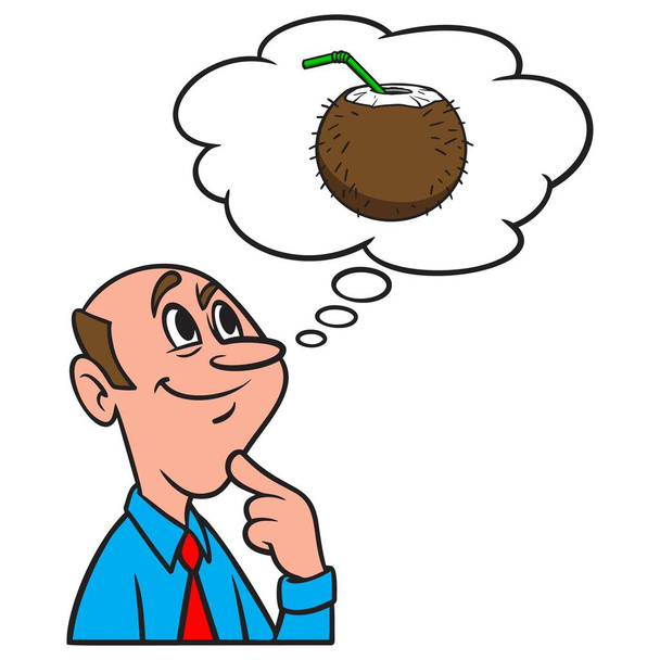 Über Kokosnussgetränk nachdenken - Karikatur eines Mannes, der über ein Kokosnussgetränk nachdenkt. - Vektor, Bild