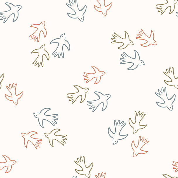 Seamless background flying bird gender neutral baby pattern. Simple whimsical minimal earthy 2 tone color. Kids nursery wallpaper or boho animal fashion all over print - Vector, Image