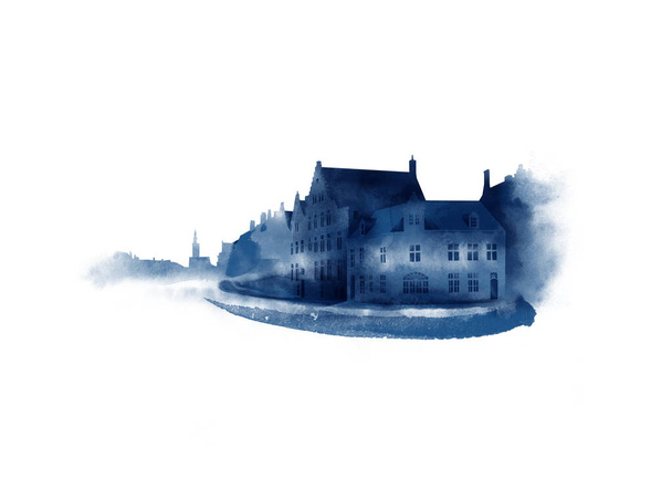 家、ブルージュ、ベルギーの風景です。白い紙に水彩スケッチ - 写真・画像