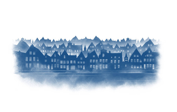 Panorama di Bruges con vecchie case europee, Belgio. Schizzo acquerello su carta bianca. - Foto, immagini