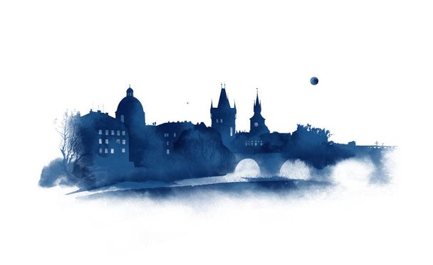 Berühmte Ikone der Karlsbrücke, Prag, Tschechische Republik. Architekturlandschaft, weißes Papier, Aquarellskizze. - Foto, Bild