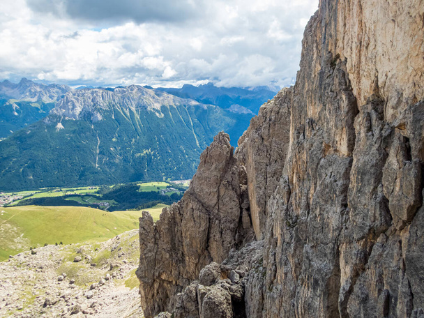 Climbing on the Rotwand and Masare via ferrata in the rose garden in the Dolomites, South Tyrol, Italy - 写真・画像