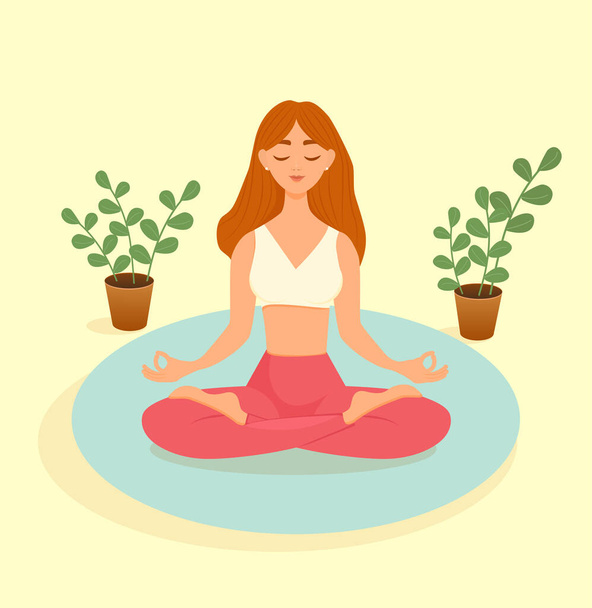 A red-haired woman practices yoga in a lotus position on a blue rug against a yellow background. Vector illustration of a woman doing asanas. The concept of yoga, meditation, sports, healthy lifestyle - Вектор,изображение