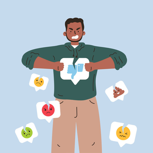 Sad man with broken dislike button.Angry youngster tearing dislike.Negative sad emotions.Addiction to internet approval and validation.Vector illustration in flat cartoon style.Colourful character. - Vector, Image