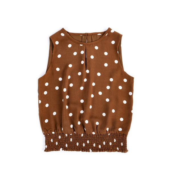 Women's Sleeveless Brown Top with White Polka Dots and Elastic Waist Isolated on White - Photo, Image