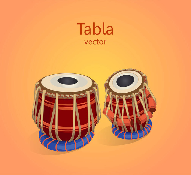 Tabla perkuse orientální hudební nástroj. Dvojitý buben, hlavní bicí nástroj indické klasické hudby. Vektorová ilustrace bubnu na oranžovém pozadí, text lze nahradit. - Vektor, obrázek