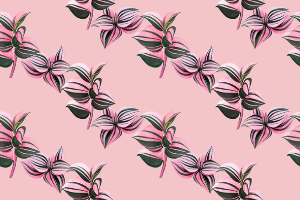 Υδατογραφία πολύχρωμο τροπικό πράσινο, ροζ φύλλα αδιάλειπτη μοτίβο φόντο.Υδατογραφία χέρι ζωγραφισμένα εικονογράφηση τροπικά εξωτικά φύλλα εκτυπώσεις για ταπετσαρία, ύφασμα Χαβάη aloha καλοκαιρινό στυλ. - Φωτογραφία, εικόνα