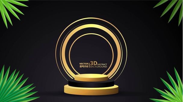 Metallic golden stage with palm leafs, realistic, round platform and realistic frame minimal background, 3d scene for product presentation or mockup. Sale promo podium, for winner, advertising. - Wektor, obraz